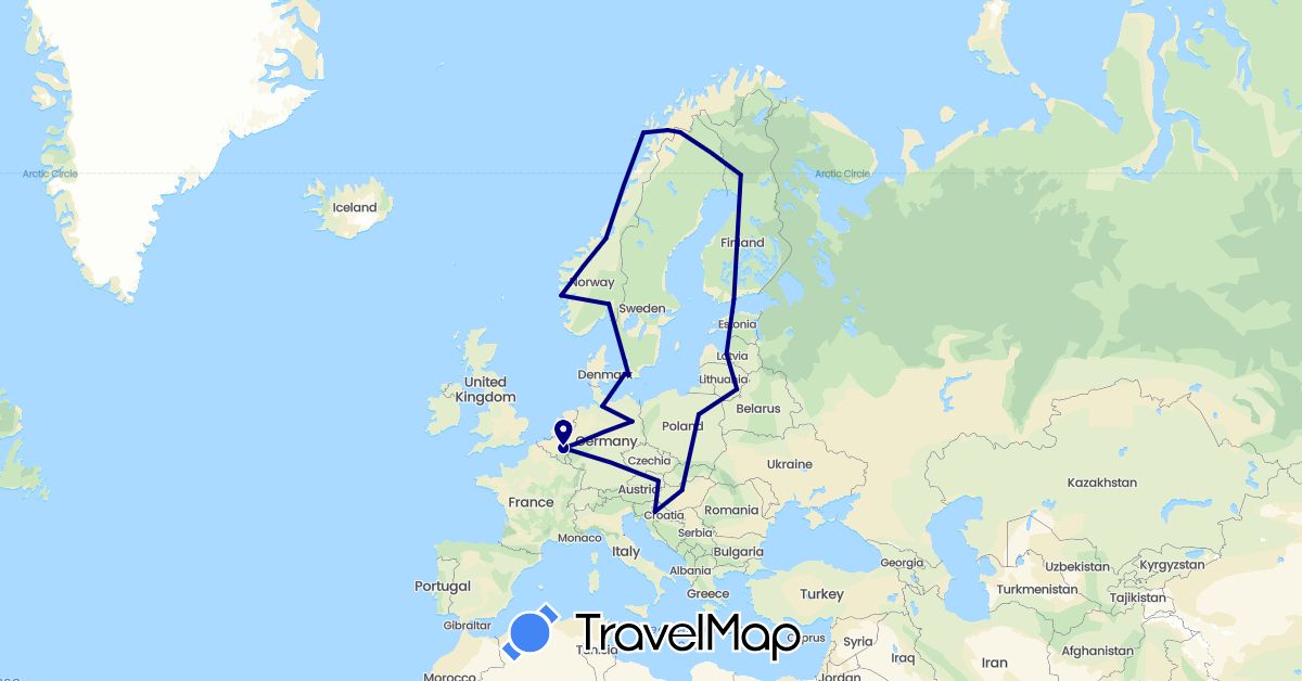TravelMap itinerary: driving in Austria, Belgium, Germany, Denmark, Estonia, Finland, Croatia, Hungary, Lithuania, Latvia, Norway, Poland, Sweden (Europe)