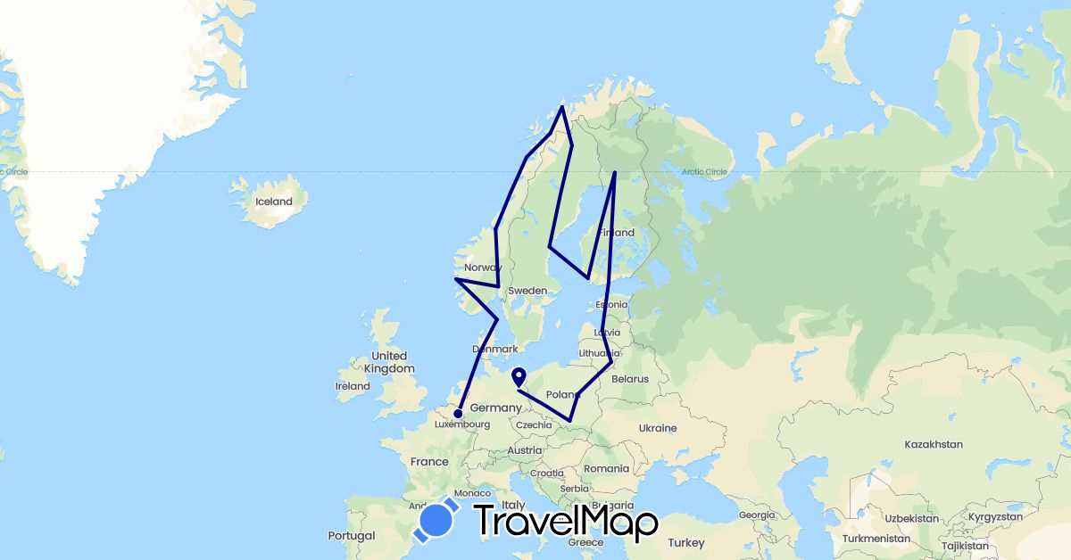 TravelMap itinerary: driving in Belgium, Germany, Denmark, Estonia, Finland, Lithuania, Latvia, Norway, Poland, Sweden (Europe)